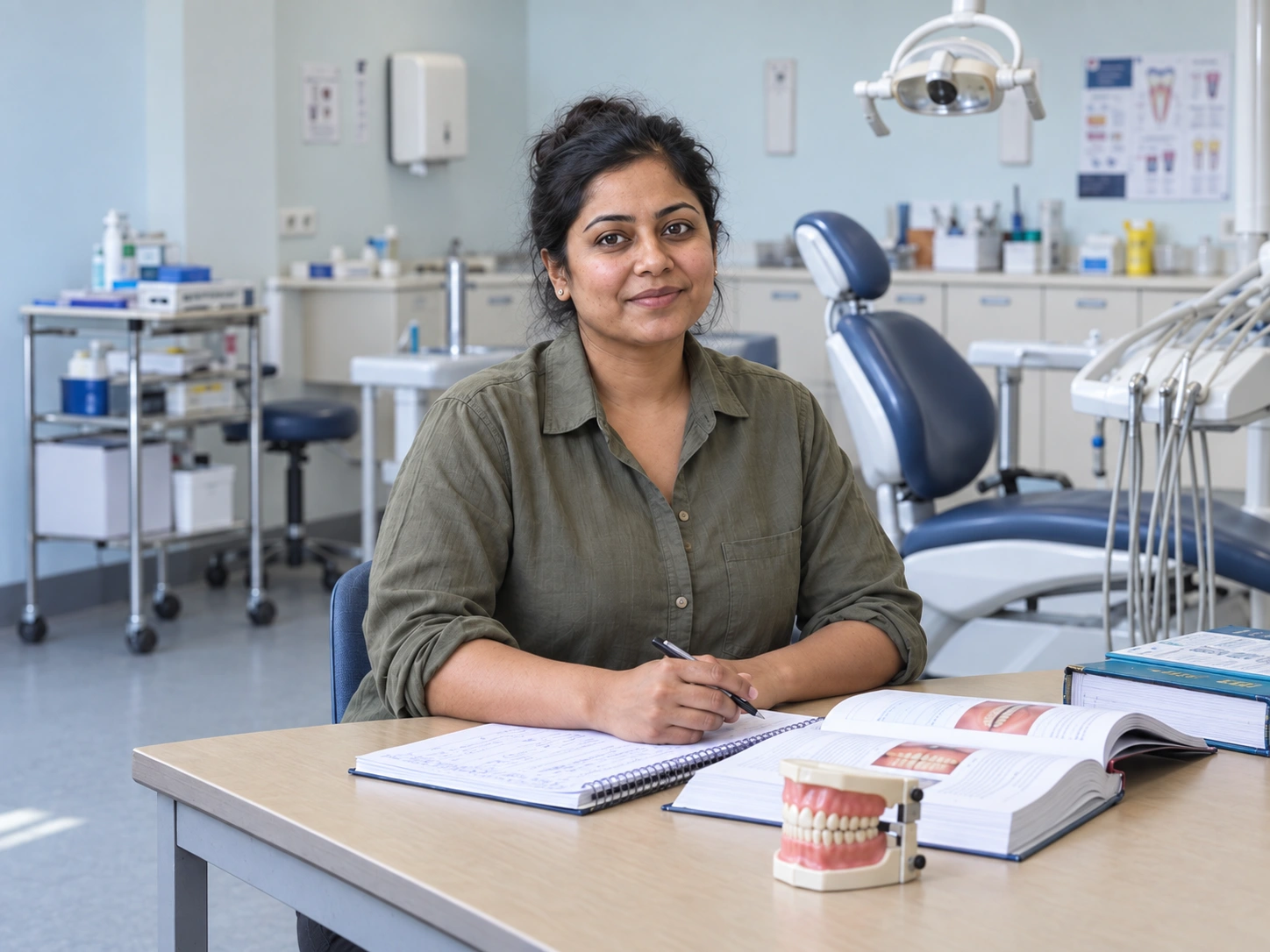 A confident dental exam candidate studying beside a practice jaw model in a dental training room